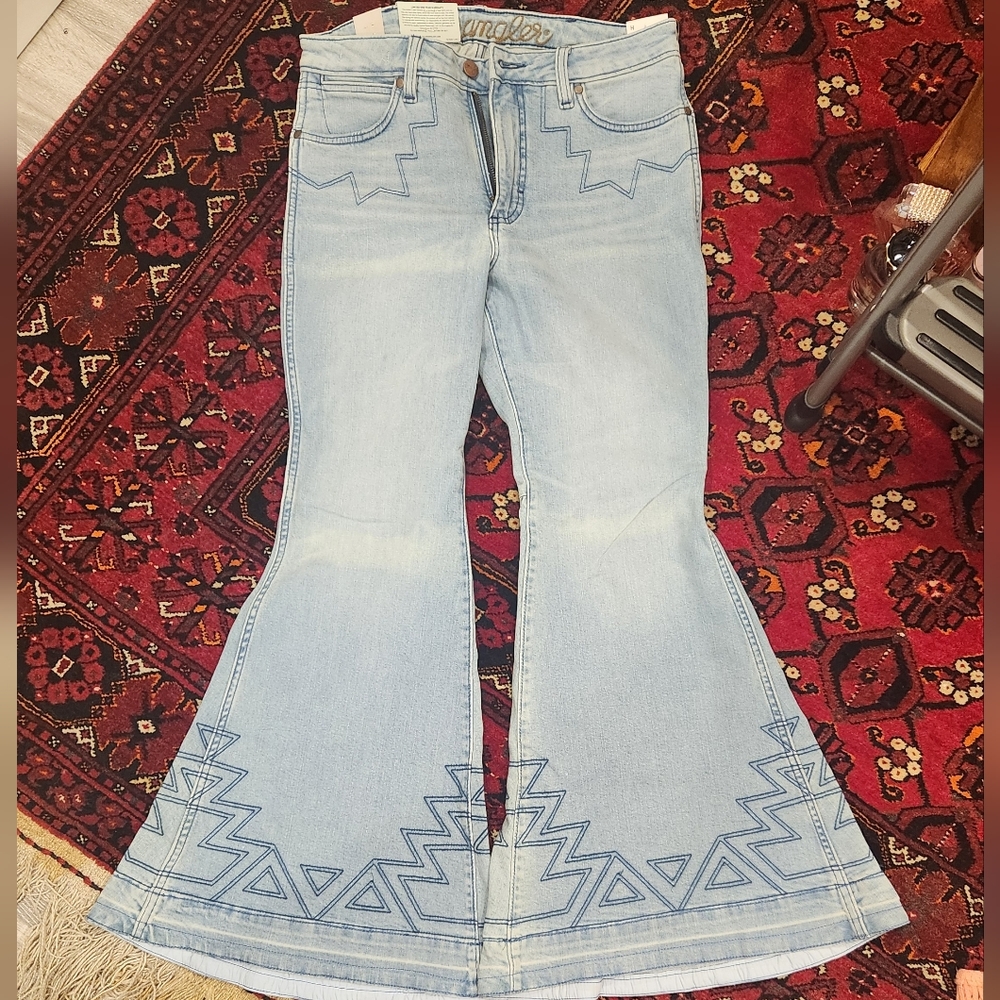Wrangler Light Blue Embroidered Wide Leg Flare Jeans